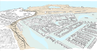 Bird's-eye view sketch of a part of the city of Den Helder, flooded. A sandy looking dike covered in footpaths separates the flooded from the dry area of the city, and connects to a new dune area in the distance.