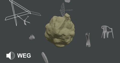 screenshot of weg.works website: 3D scene with campsite objects floating around an abstracted large brown seed