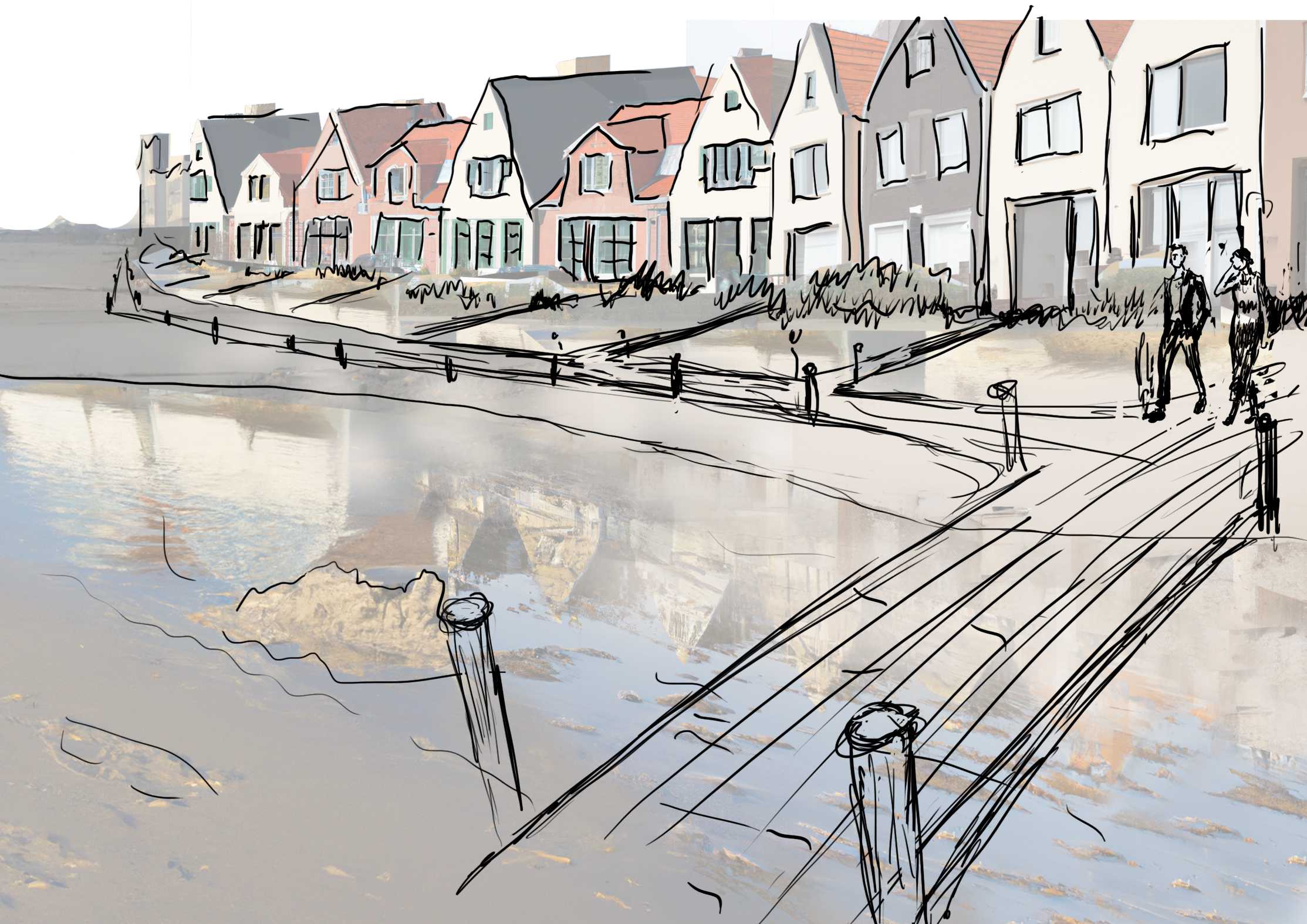 Sketch of a section of a new dike, with houses on either side.