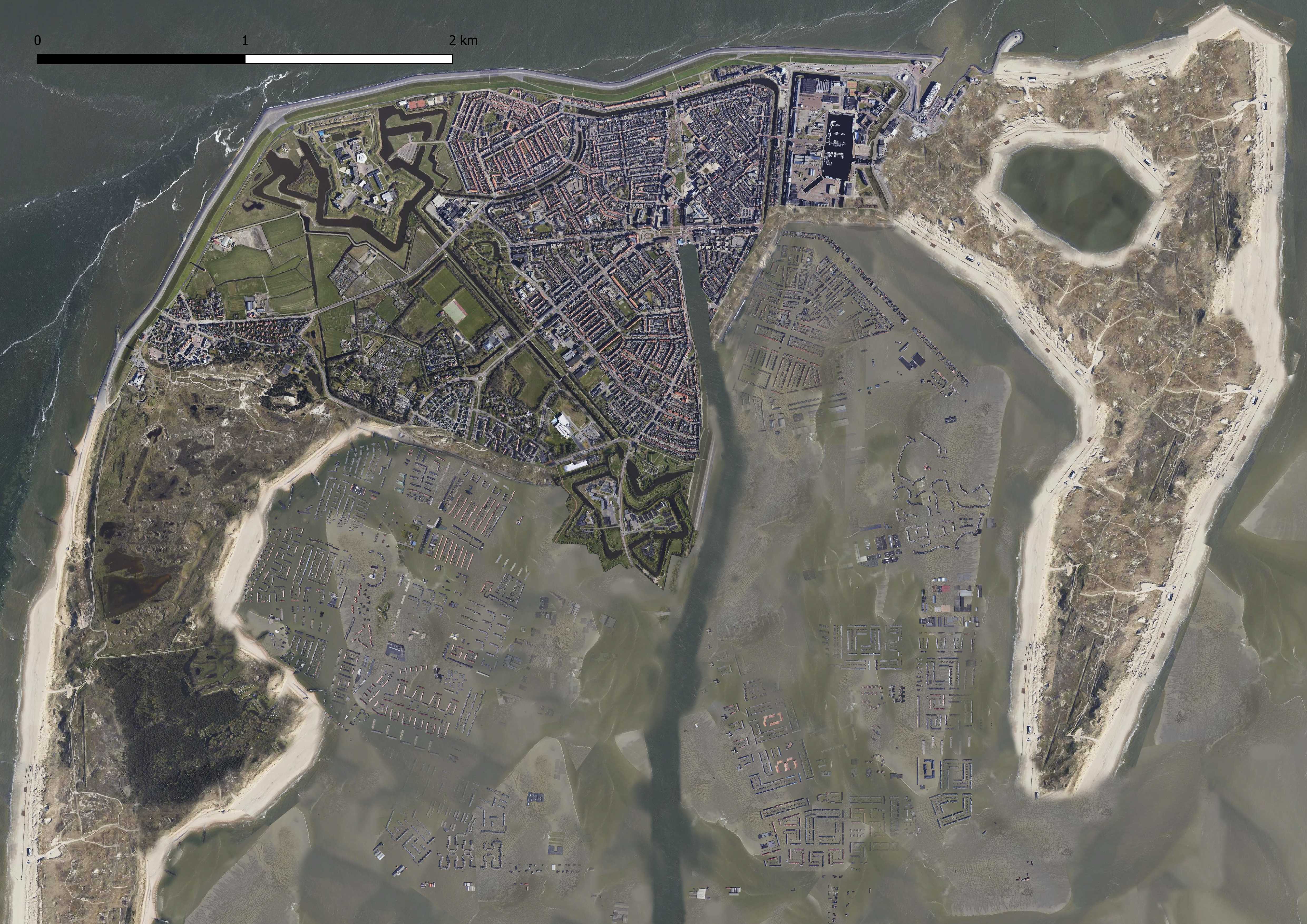 An edited Aerial image of Den Helder to visualise the new situation if it were partially flooded, and people lived on an expanded wadden area as well.