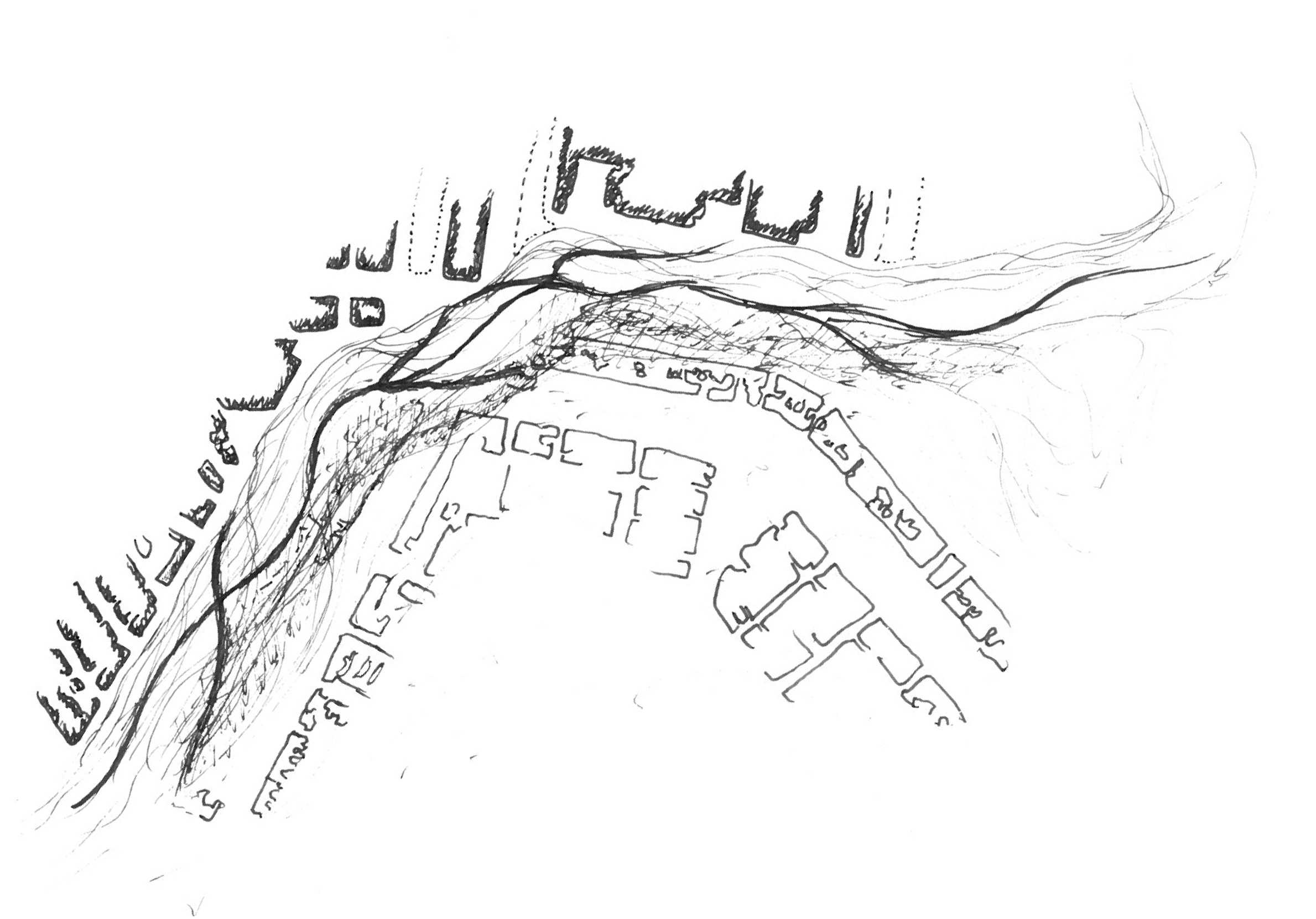Sketch of a new dike, with houses on either side, cross-crossed by footpaths.