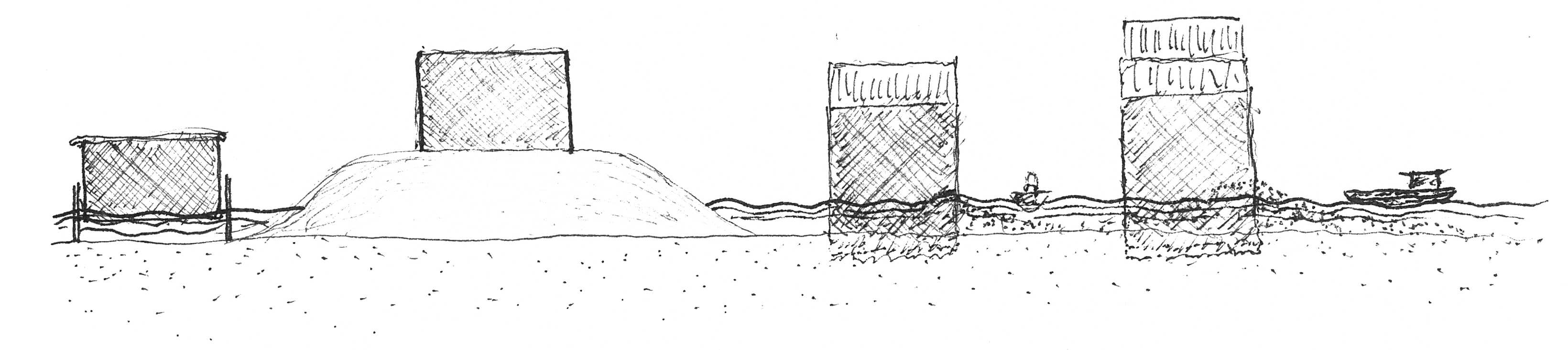 Four simple sketches showing different housing typologies.