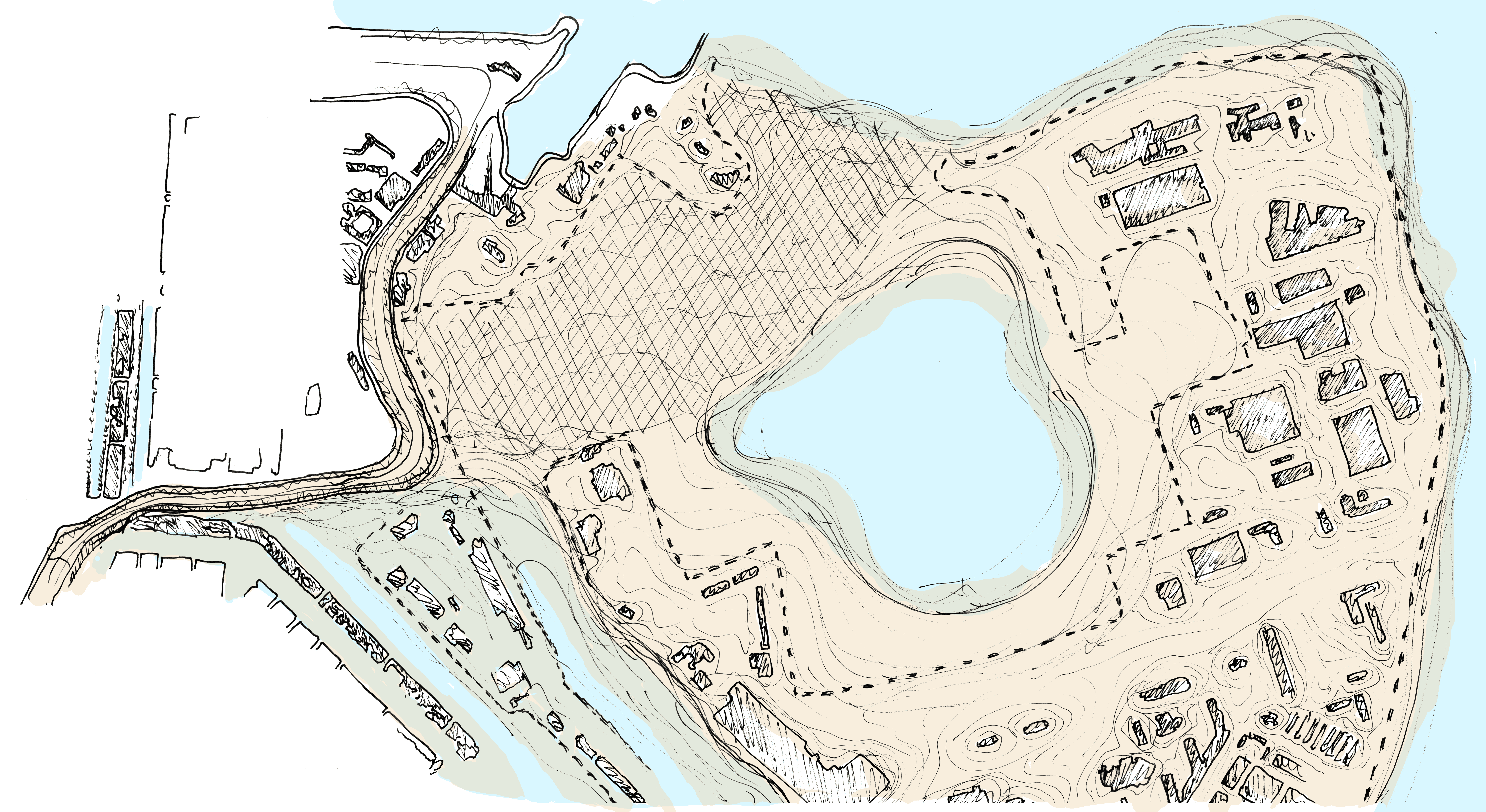 Sketch of a map showing the naval port transformed into a new dune area.