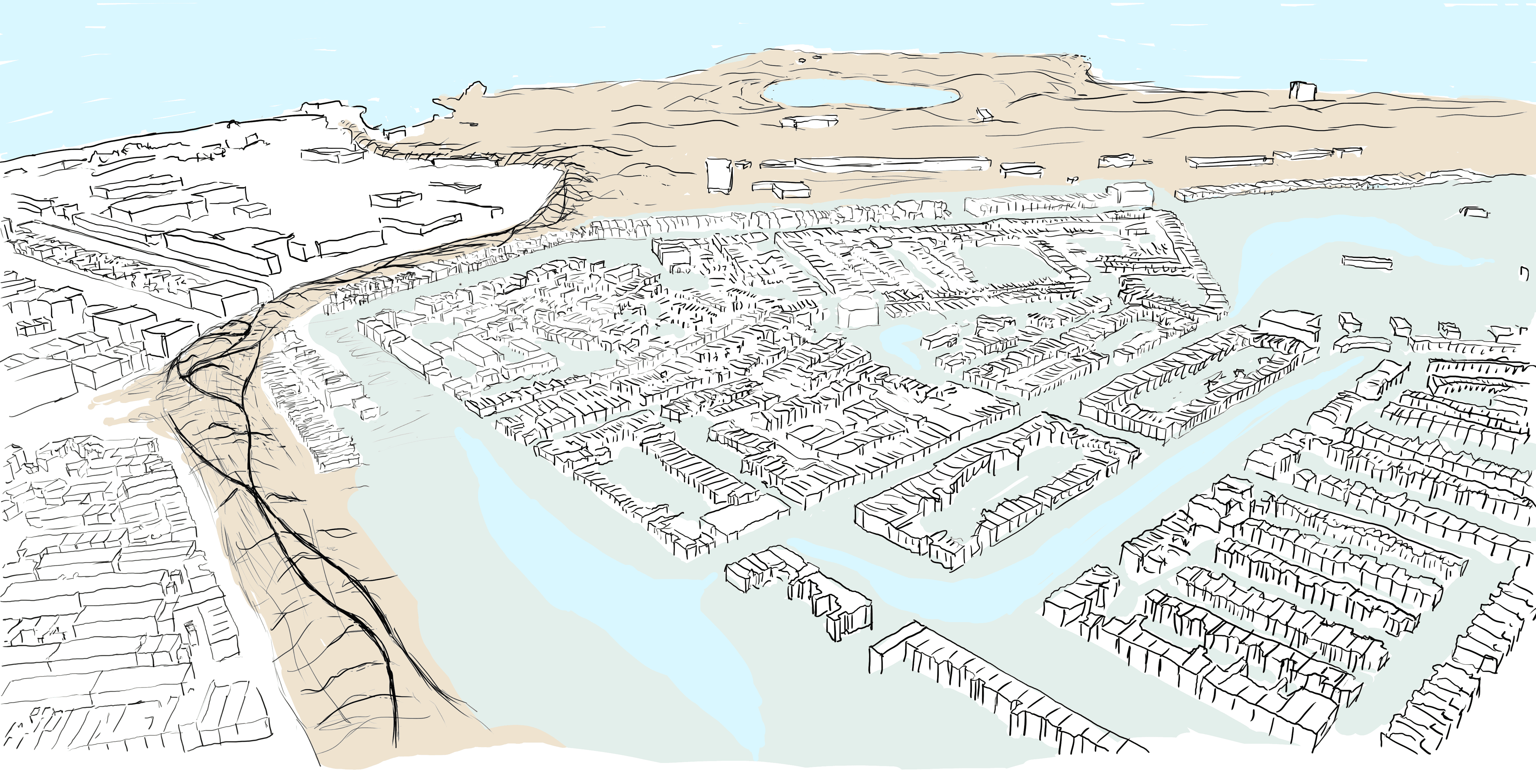 Bird's-eye view sketch of a part of the city of Den Helder, flooded. A sandy looking dike covered in footpaths separates the flooded from the dry area of the city, and connects to a new dune area in the distance.