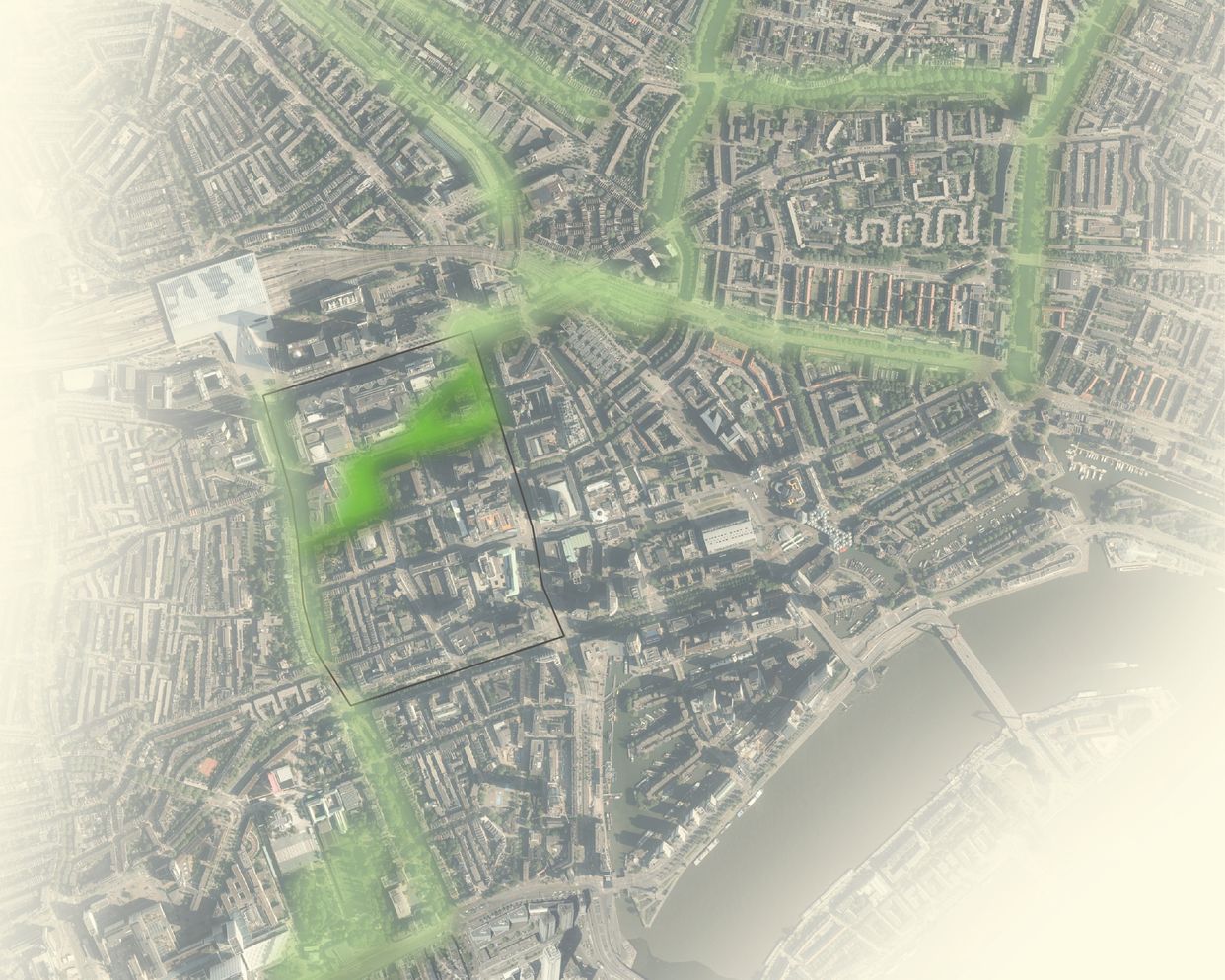 Satellite image showing the Lijnbaan area in Rotterdam outlined, with an overlay of the existing green connections and the new proposed connection in the Lijnbaan area