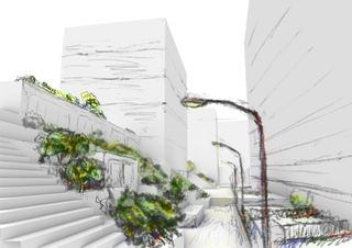 perspective impression: collective green space on top of expedition street