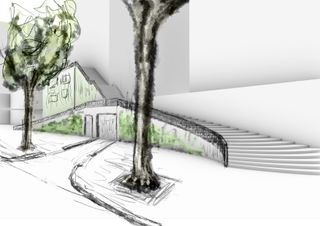 perspective impression: entrance to a covered expedition street underneath stairs leading to a collective green space