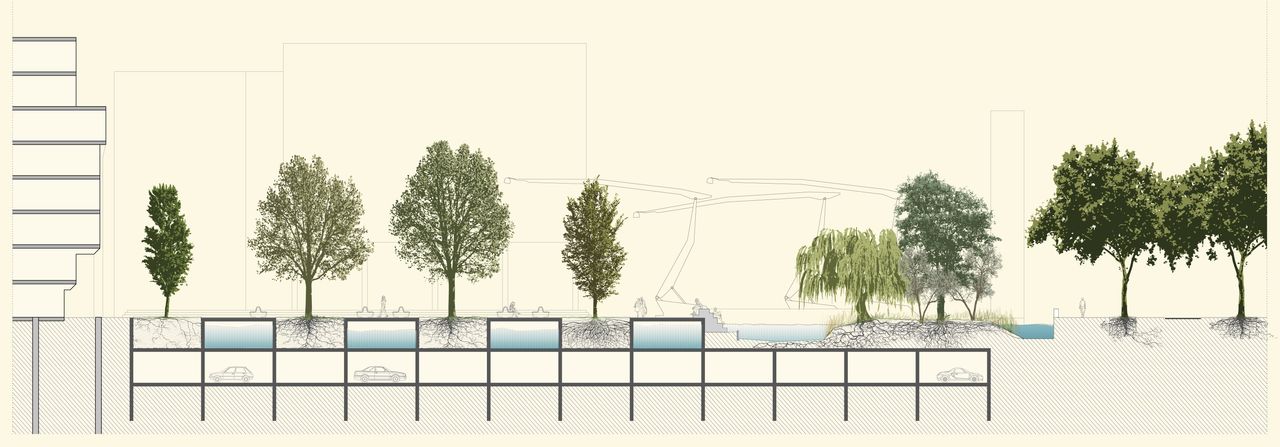 section of shouwburgplein, showing under ground structures and new trees