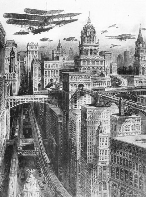 a futuristic view of a city from 1910, with lots of stacked streams of transport